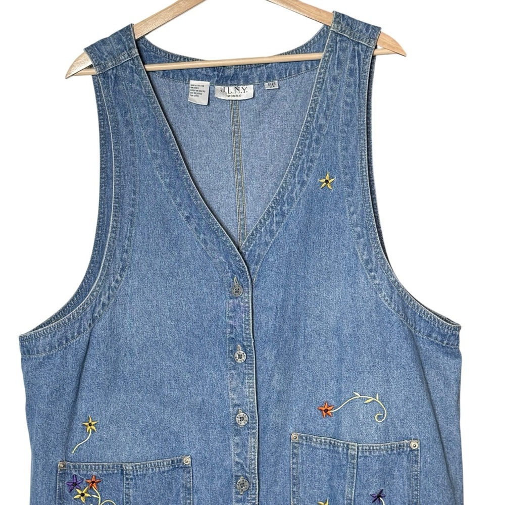 VTG Denim Button Front Floral Embroidered Boxy Dress Size 2X V-Neck Knee Length - Picture 3 of 10